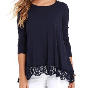 Ladies size medium Cecico blue long sleeve crochet hem top shirt blouse